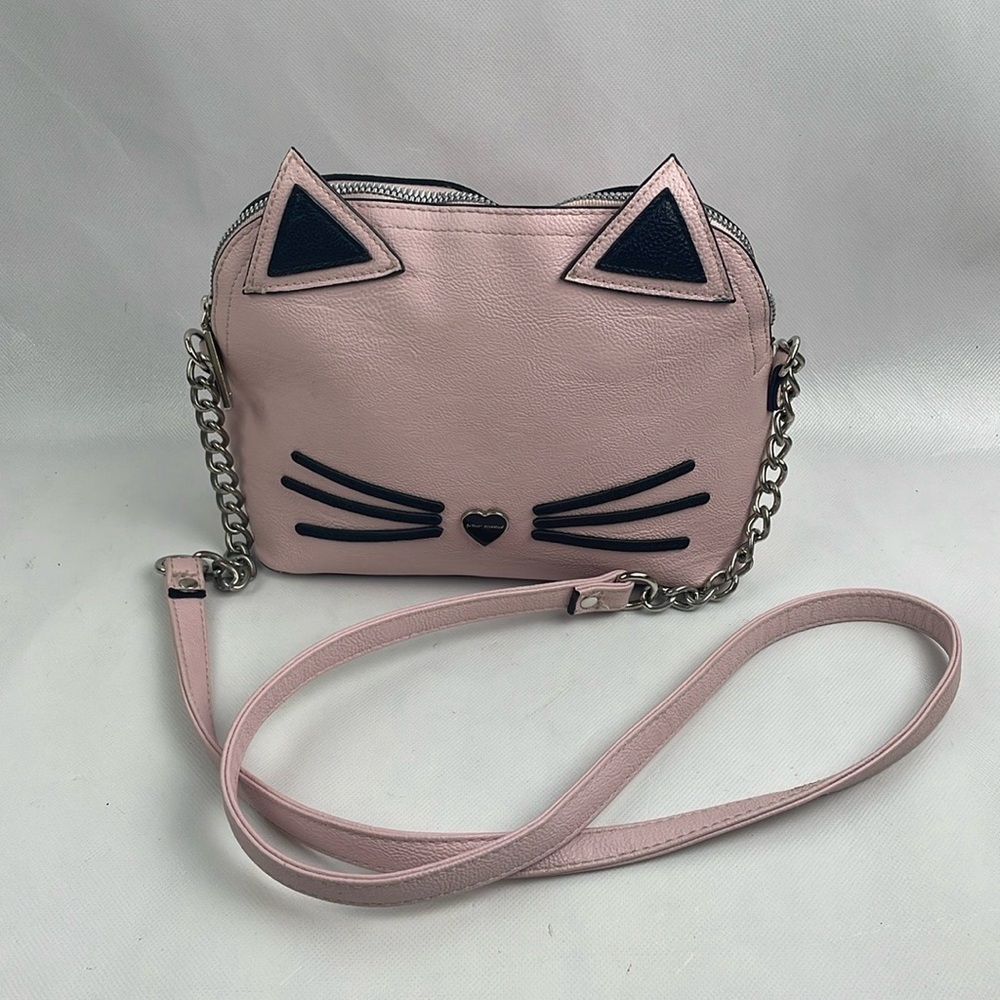BETSEY JOHNSON CAT PURSE Rhinestone Heart Nose Chain Strap Taupe